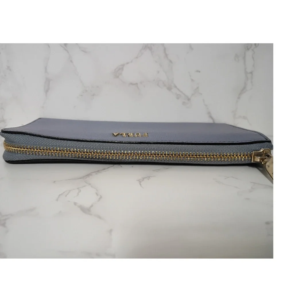 FURLA Babylon Dusty Light Blue Leather Zip Around Wallet - EUC